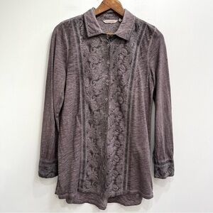 Soft Surroundings Sylvette embroidered button down tunic top washed brown color